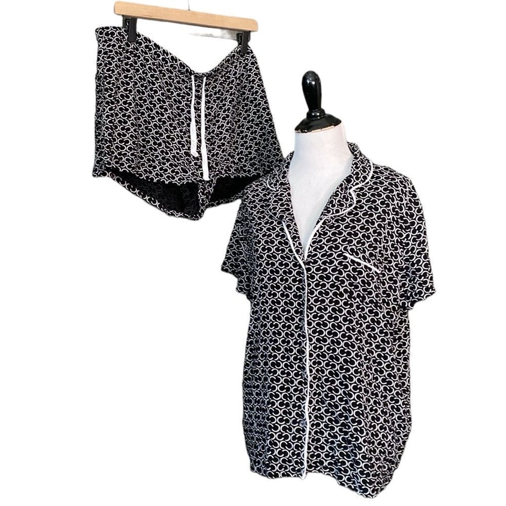Alfani Intimates Black White Geometric Pajama Shorts Button Down Shirt